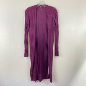 Free People Size XS Maroon Red Rib Crochet Knit Full Sleeve Side Slit Cardigan